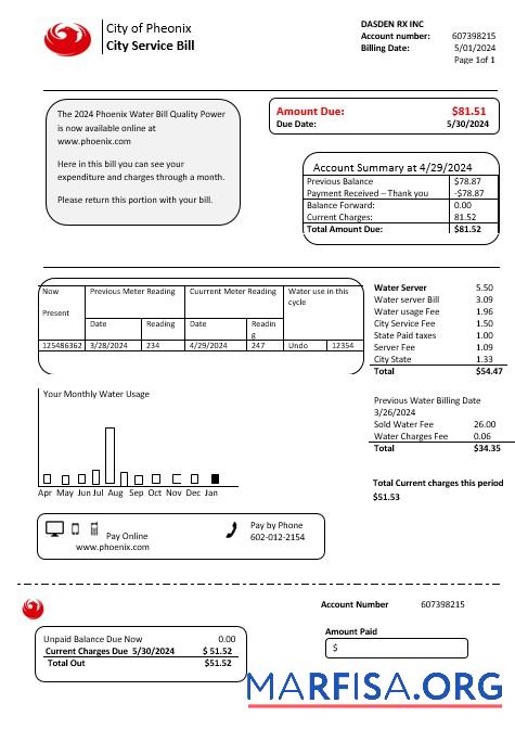 Downloadable USA Arizona City of Phoenix business utility bill template in Word and PDF formats